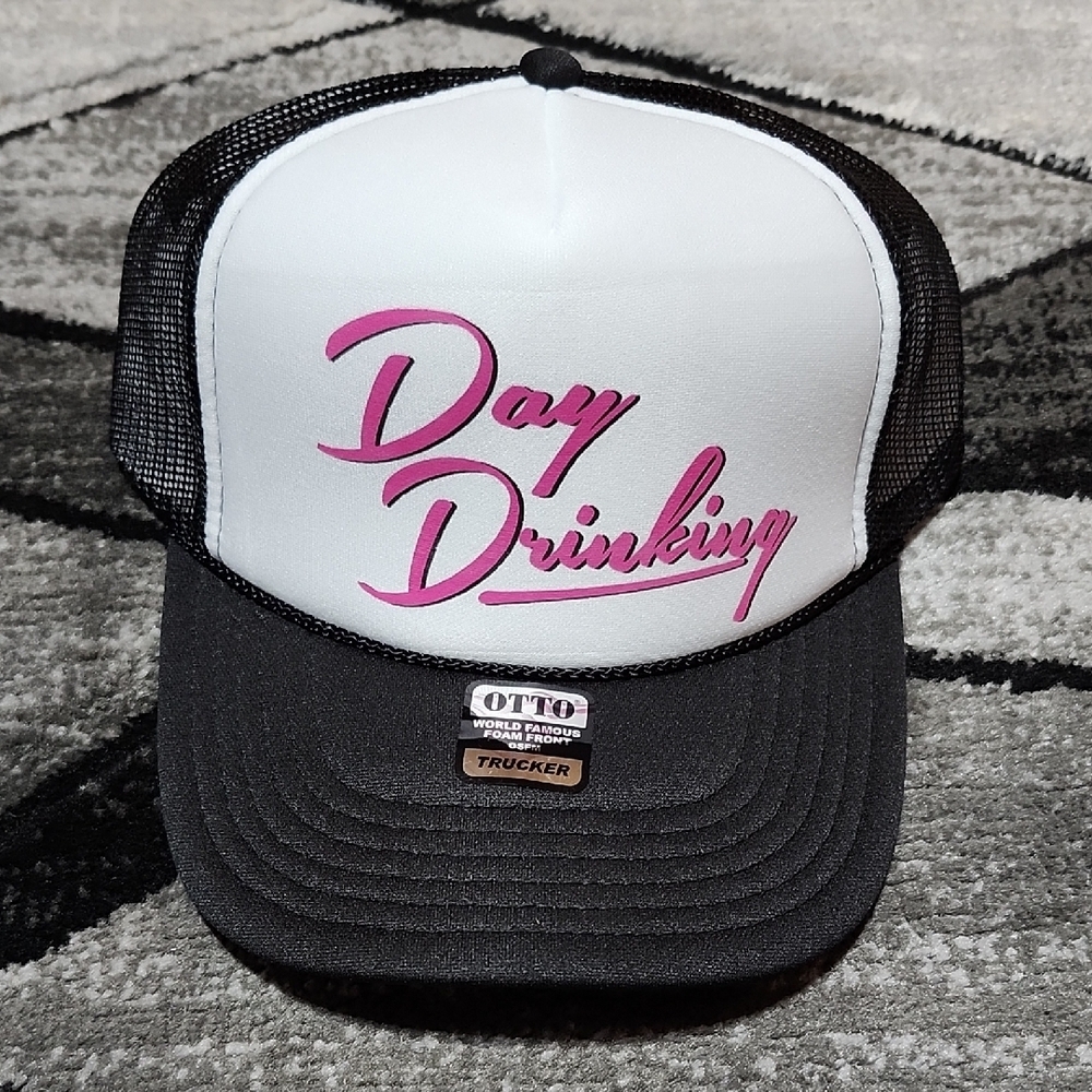 "DAY DRINKING" FOAM FRONT BLACK MESH SNAP-BACK TRUCKER CAP HAT OSFM